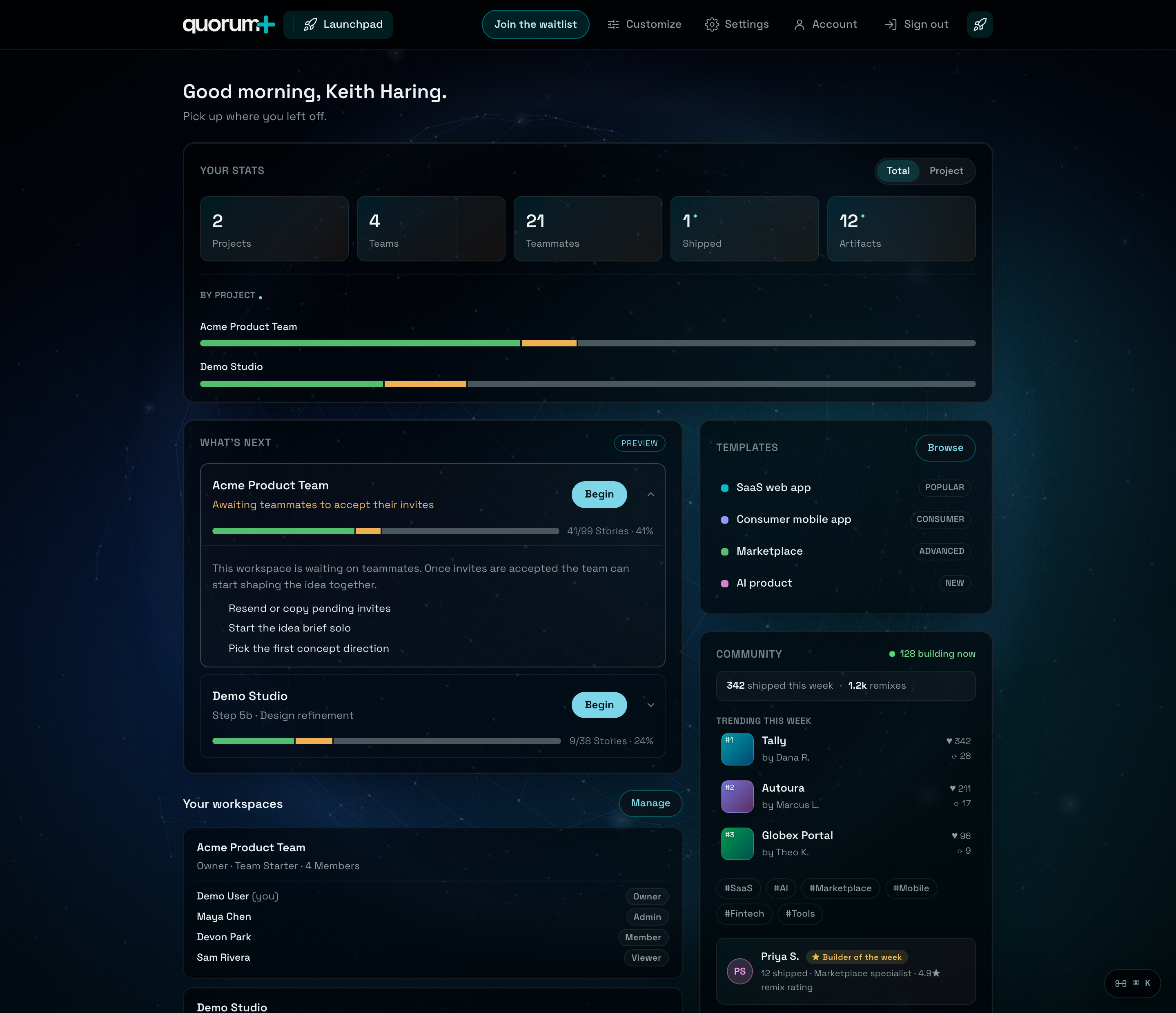 The Quorum launchpad hub (dark theme)